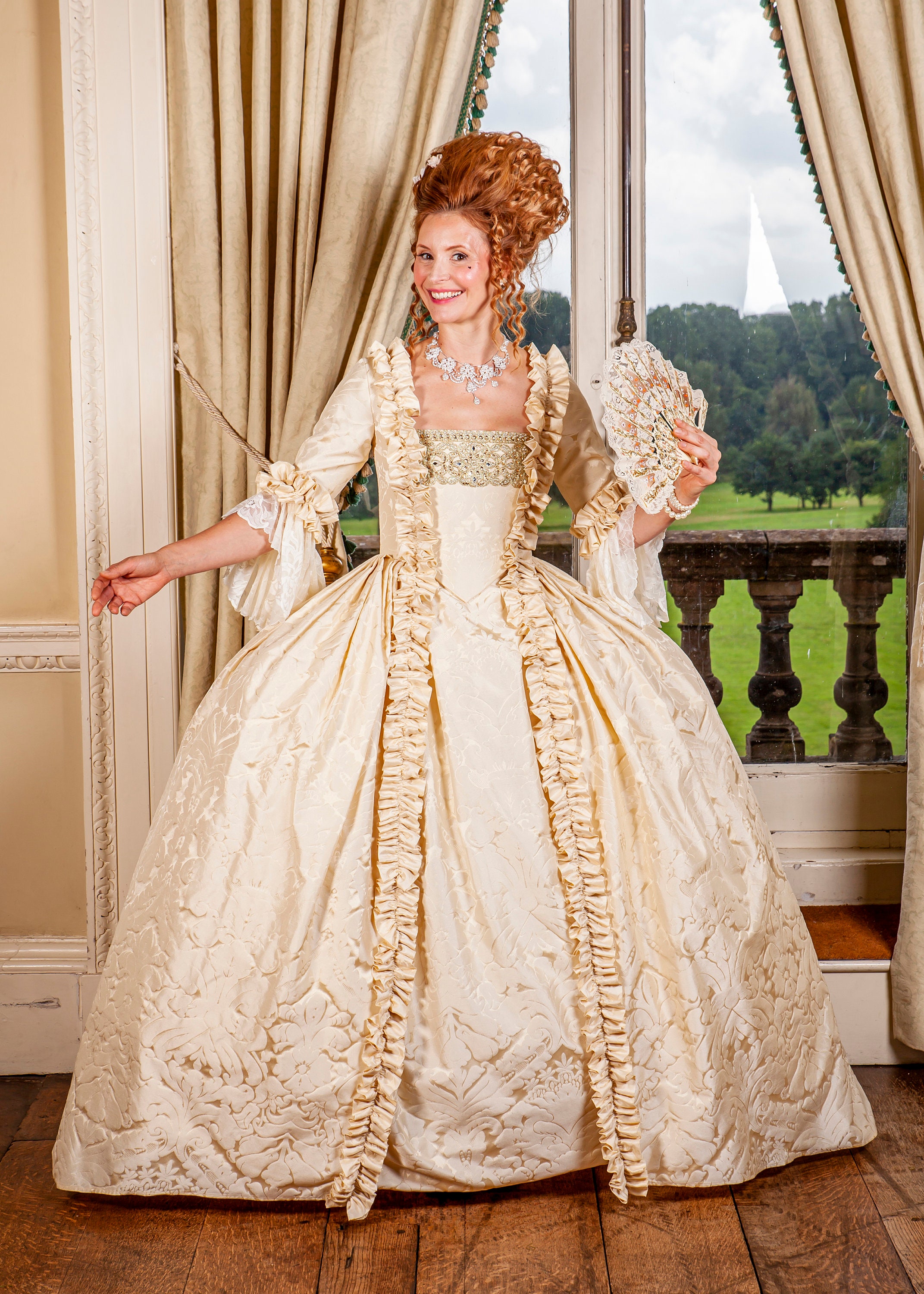 Gorgeous Buttermilk Cream Faux Silk .colonial Georgian Marie Antoinette  Ladies Day Court Gown. Fully Corseted 