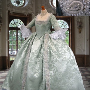 Stunning, Ice green brocade with heavy pearl trims.  18th century , Marie Antoinette dress. fully corseted