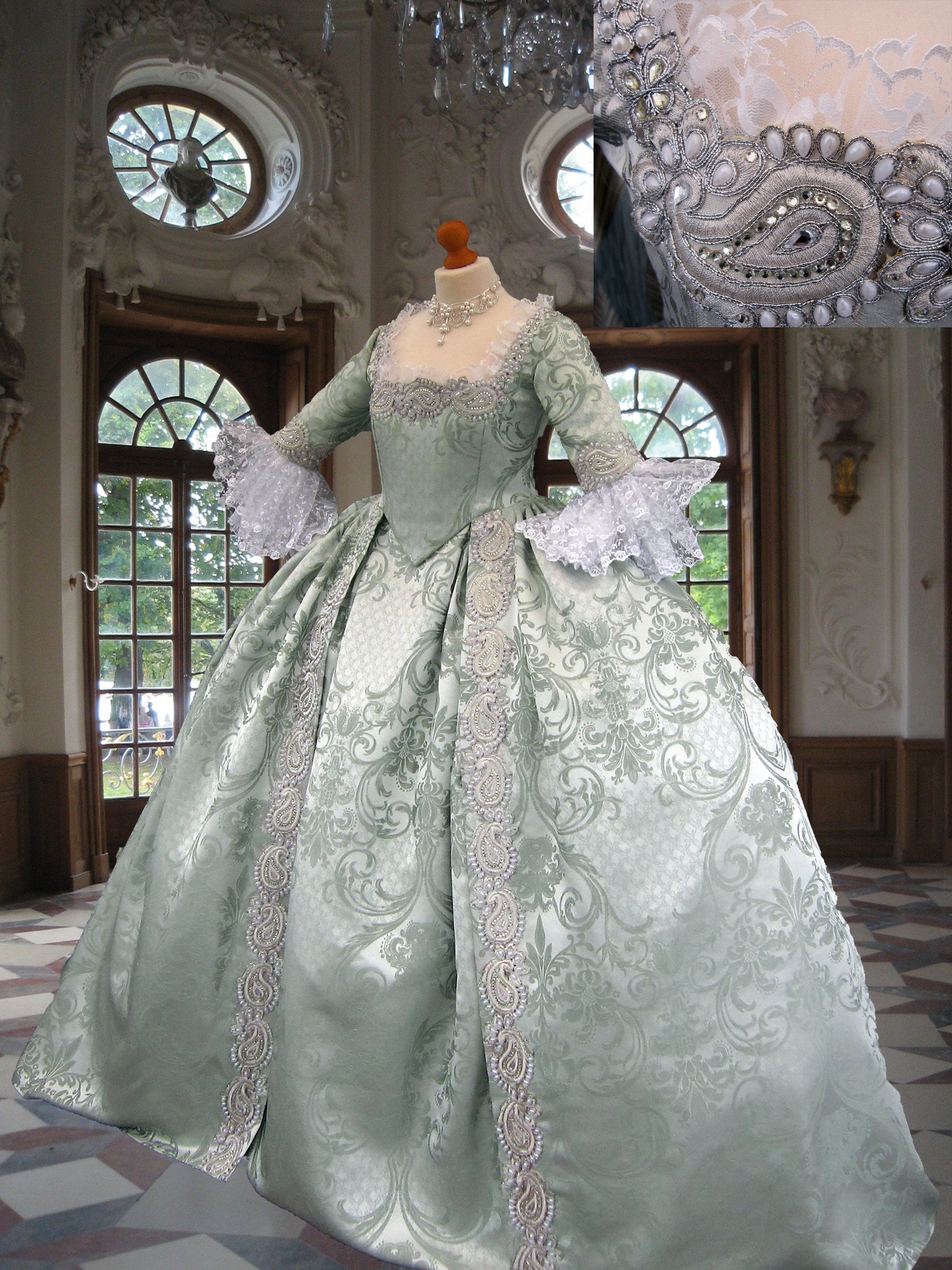 Stunning, Ice Green Brocade With Heavy Pearl Trims. 18th Century