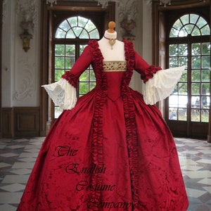 Red faux silk. .Colonial Georgian Marie Antoinette ladies Day Court gown. Fully Corseted