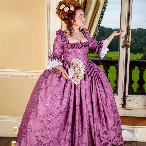 Beautiful Claire in pink with silver thread. Versailles. Georgian 18th century dress.  Fully Corseted..