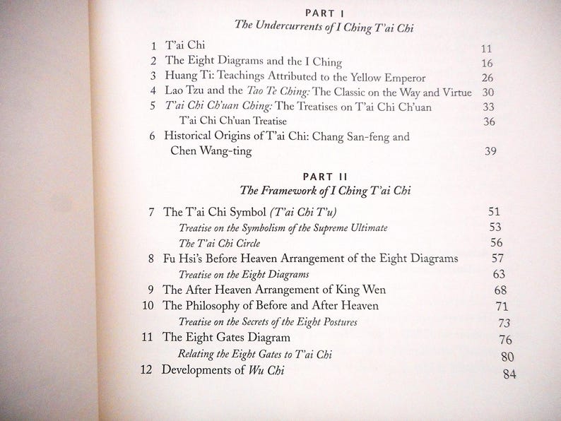 May include: Open book page with text about I Ching Tai Chi. The page is divided into two parts, with numbered sections and titles such as "The Eight Diagrams and the I Ching" and "The T'ai Chi Symbol".