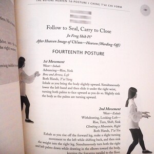 May include: Open book page with text and illustrations about Tai Chi. The text includes instructions for the Fourteenth Posture, with diagrams of a person demonstrating the movements. The page is from a book titled "The Before Heaven 16-Posture I Ching T'ai Chi Form."