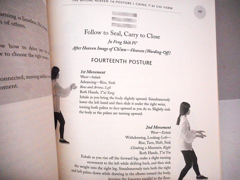 May include: Open book page with text and illustrations about Tai Chi. The text includes instructions for the Fourteenth Posture, with diagrams of a person demonstrating the movements. The page is from a book titled "The Before Heaven 16-Posture I Ching T'ai Chi Form."