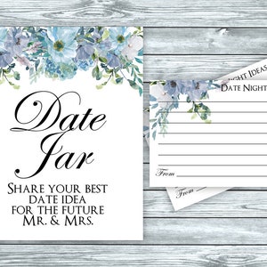 Date Night Idea Jar Sign & Cards Printable Instant Download, Bridal Shower Games, Dusty Blue Flowers Wedding Decorations, Date Advice, DBF1