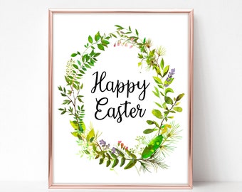 Happy Easter Printable Art Instant Download, Greenery Easter Wall Decor, Easter Spring Art, Easter Digital Print, Easter Wreath Art