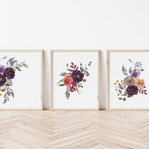 Purple Flower Downloadable Art Prints Set of 3, Printable Floral Art ...