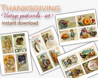 May include: A collection of vintage Thanksgiving postcards. The postcards feature illustrations of turkeys, children, pumpkins, and harvest scenes. The text "THANKSGIVING" and "Vintage postcards - set 1 instant download" are displayed at the top.
