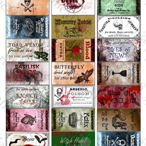 K&ouml;nnte beinhalten: Eine Sammlung von Etiketten f&uuml;r Zaubertr&auml;nke im Vintage-Stil, darunter "Kr&ouml;tenvenom", "Blut" und "Arsenik-Gift". Jedes Etikett zeigt einzigartige Illustrationen und Texte mit einem verwitterten, gealterten Aussehen. Geeignet f&uuml;r Fantasy- oder Halloween-Themen.