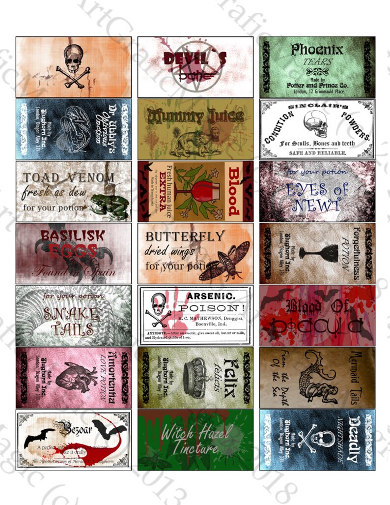 K&ouml;nnte beinhalten: Eine Sammlung von Etiketten f&uuml;r Zaubertr&auml;nke im Vintage-Stil, darunter "Kr&ouml;tenvenom", "Blut" und "Arsenik-Gift". Jedes Etikett zeigt einzigartige Illustrationen und Texte mit einem verwitterten, gealterten Aussehen. Geeignet f&uuml;r Fantasy- oder Halloween-Themen.