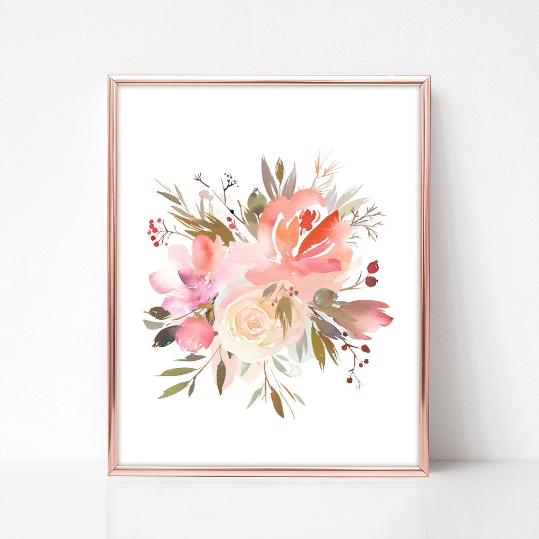 Pink Floral Digital Art Rose, Flower Bouquet Printable Wall Decor ...