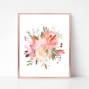 Arte digitale floreale rosa, rosa, decorazione da parete stampabile con bouquet di fiori, stampabili ad acquerello, download istantaneo, stampe floreali, arte rosa polveroso