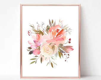 Pink Floral Digital Art Rose, Flower Bouquet Printable Wall Decor, Watercolor Printables, Instant Download, Flower Prints, Dusty Pink Art