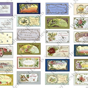 Etichette per sapone stampabili vintage stampabili, etichette per cosmetici vintage con collage digitale, carta per decoupage vintage, pubblicità di sapone vintage, Scrapbooking