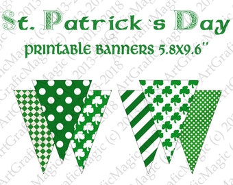 St Patricks Day Banner Instant Download, Paddys Printable Paper, Patrick Party Decorations, Clover Garland DIY, Bunting Flags Pennants