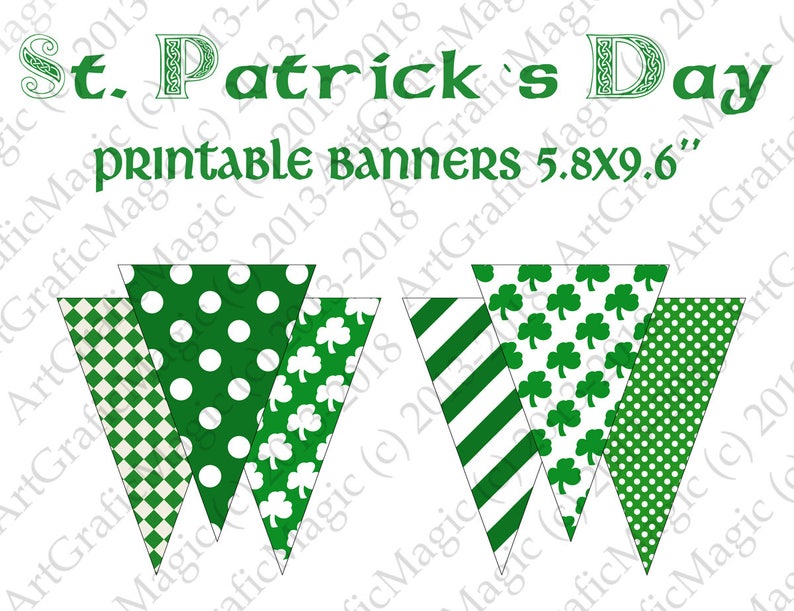 St Patricks Day Banner Instant Download, Paddys Printable Paper, Patrick Party Decorations, Clover Garland DIY, Bunting Flags Pennants image 1