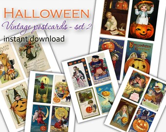 ヴィンテージ ハロウィン ポストカード 印刷可能 セット #2 即時ダウンロード、ヴィンテージ ハロウィン 画像 クリップアート 魔女 カボチャ ハロウィン 印刷可能 pdf
