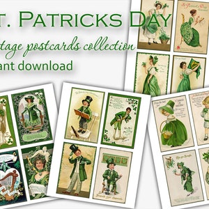 Collage numérique imprimable de cartes postales de la Saint-Patrick vintage, téléchargement immédiat, éphémères vintage, clipart trèfle irlandais, vieilles cartes postales, JPG