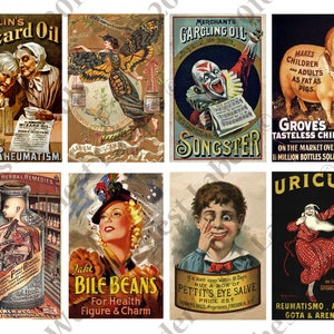 Könnte beinhalten: Eine Sammlung von acht Vintage-Werbeplakaten. Die Plakate zeigen farbenfrohe Illustrationen und Texte, die für verschiedene Heilmittel werben, darunter Hamlin's Wizard Oil, Gargling Oil und Bile Beans. Die Plakate haben ein gealtertes Aussehen.