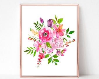 Pink Flower Bouquet Printable Watercolor Art Instant Download, Spring Wall Decor, Floral Digital Print, Flower Painting DIY pdf jpg