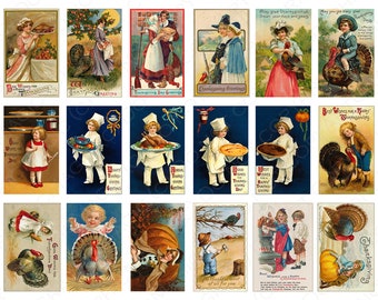 May include: A collection of vintage Thanksgiving postcards. The cards feature illustrations of people, turkeys, and festive scenes. Some cards have text like "Thanksgiving Greetings" and "Best Wishes for a Happy Thanksgiving". The color palette includes warm tones.