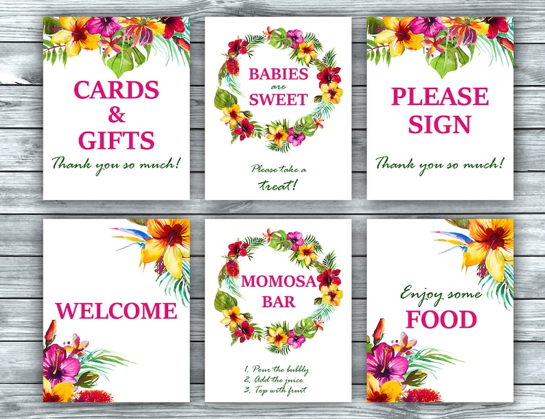 Yellow Pink Green Babies Signs Bundle Aloha Luau Hawaii Hibiscus instant download PDF TF1 Tropical Flowers Baby Shower Package Printable