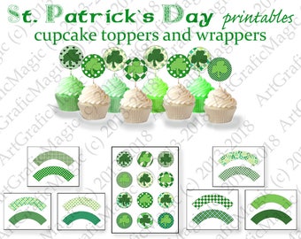 St Patricks Printable Cupcake Toppers and Wrappers, Instant Download, Shamrock Party Decorations, Irish Digital Decor Cupcake Toppers