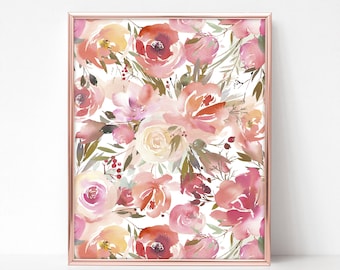 Pink Flower Printable Watercolor Art Instant Download, Dusty Rose Painting DIY, Wall Decor, Floral Digital Print, Spring Summer pdf jpg