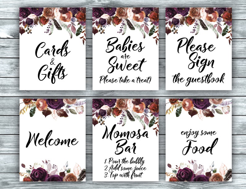 Floral Marsala Table Signs Burgundy Baby Shower Signs Boho Babies Signs Bundle instant download PDF BF1 Baby Shower Package Printable
