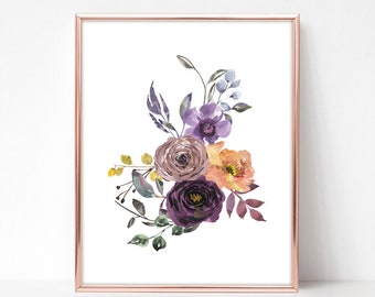 Printable Floral Art Instant Download, Rose Digital Art, Purple Flower Painting, Watercolor Printables, 8x10 Wall Art To Print