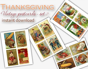 May include: A collection of vintage Thanksgiving postcards. The postcards feature illustrations of turkeys, pumpkins, and people, with text that reads "Thanksgiving" and "Thanksgiving Greetings". The postcards are in various colors, including red, orange, and green.