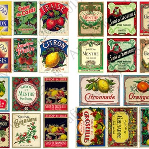 Collage numérique imprimable d'étiquettes de nourriture vintage, téléchargement immédiat, étiquettes de vin vintage, papier de découpage, clipart vintage, publicités de nourriture rétro