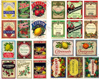 Utskrivbart digitalt collage med vintage-matetiketter, direktnedladdning, vintage-vinetiketter, decoupagepapper, vintage-clipart, retro-matannonser