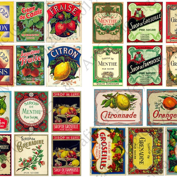 Vintage Food Labels Printable Digital Collage, Instant Download, Vintage Wine Labels, Decoupage Paper, Vintage Clip Art, Retro Food Ads