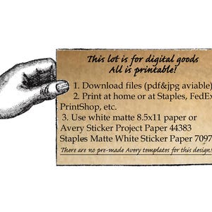 K&ouml;nnte beinhalten: Eine Illustration im Vintage-Stil zeigt eine Hand, die eine beige Karte mit Text h&auml;lt. Die Karte lautet: "This lot is for digital goods. All is printable!" und enth&auml;lt Anweisungen.