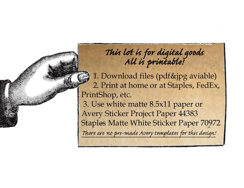 K&ouml;nnte beinhalten: Eine Illustration im Vintage-Stil zeigt eine Hand, die eine beige Karte mit Text h&auml;lt. Die Karte lautet: "This lot is for digital goods. All is printable!" und enth&auml;lt Anweisungen.