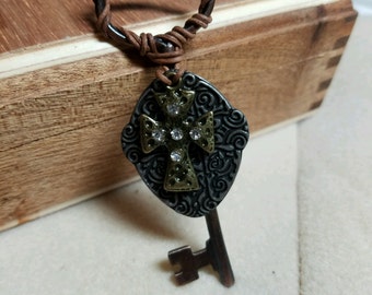 Leathered Key and Coss necklace