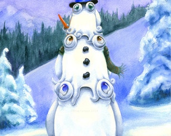 Snowman Original Gouache Painting Octopus Art OOAK