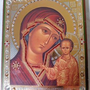 Holy Virgin Theotokos of Kazan Orthodox Wooden with crystals Icon 8&quot; x 6&quot; Казанская