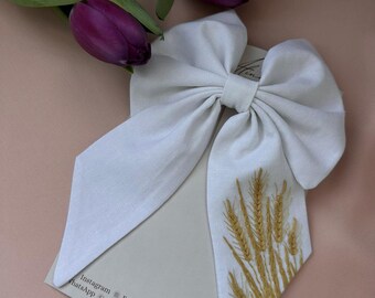 Embroidered Linen Hair Bow: Handmade Floral Hair Clip