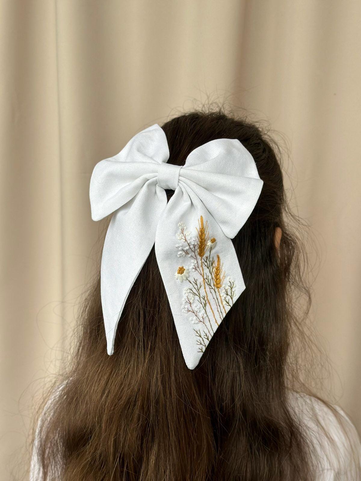 リネン刺繍ヘアリボン - ハンドメイドリボンバレッタ（色とりどり 