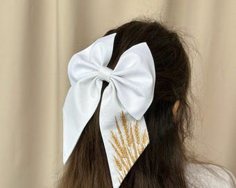 Embroidered Linen Hair Bow: Handmade Floral Hair Clip