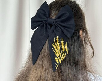 Embroidered Linen Hair Bow: Handmade Floral Hair Clip