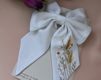White Linen Wedding Hair Bow: Embroidered Flower Girl Barrette
