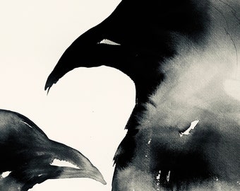 Raven 3 Art in Black Sumi Ink - Print of Original Painting