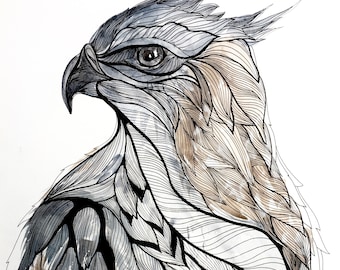 Hawk Watercolor Painting, Pen and Ink Bird Portrait, Handmade Art Print (8x10)