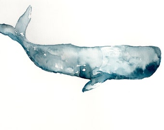 Set of 5 Sperm Whale Art Watercolor and Ink Greeting Cards, 4” x 6”