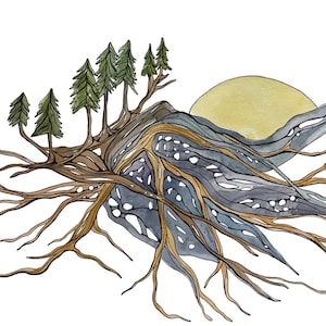 Roots and Mountains Giclee Print - Watercolor and Ink Painting - 8&quot; x 10&quot; Art