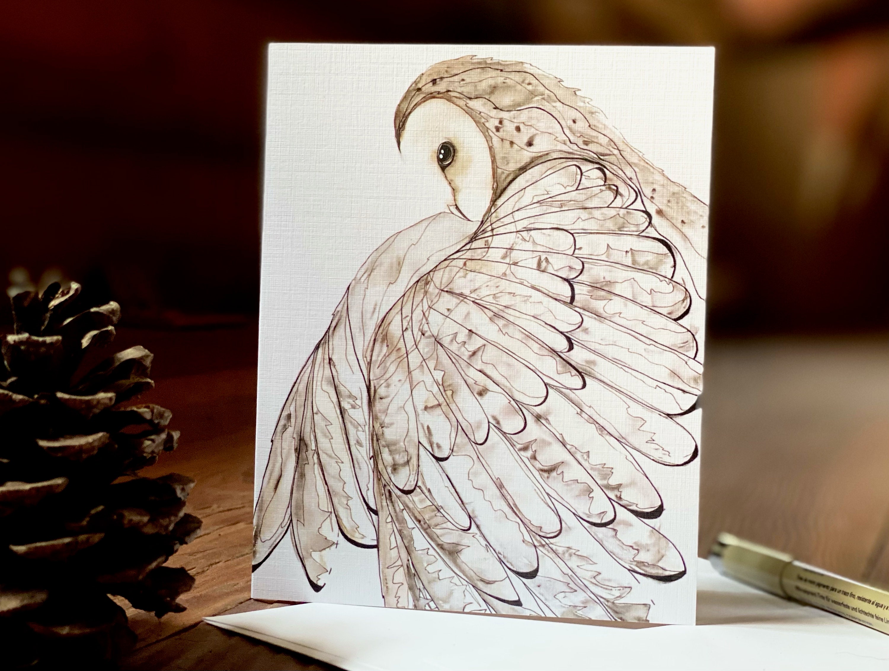 Set of 3 Barn Owl in Flight Watercolor and Ink Greeting Card - 4" x 5"