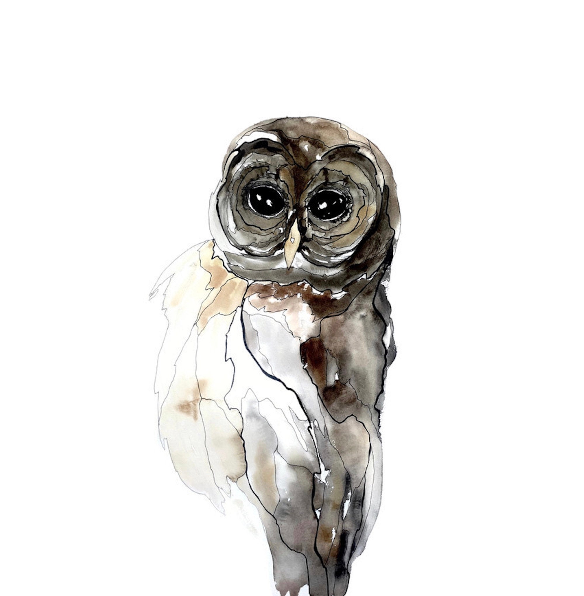 Owl Painting, Owl Watercolor Painting, Bird Art, Brown Watercolor and Pen Bird Wall Decor, Bird Illu